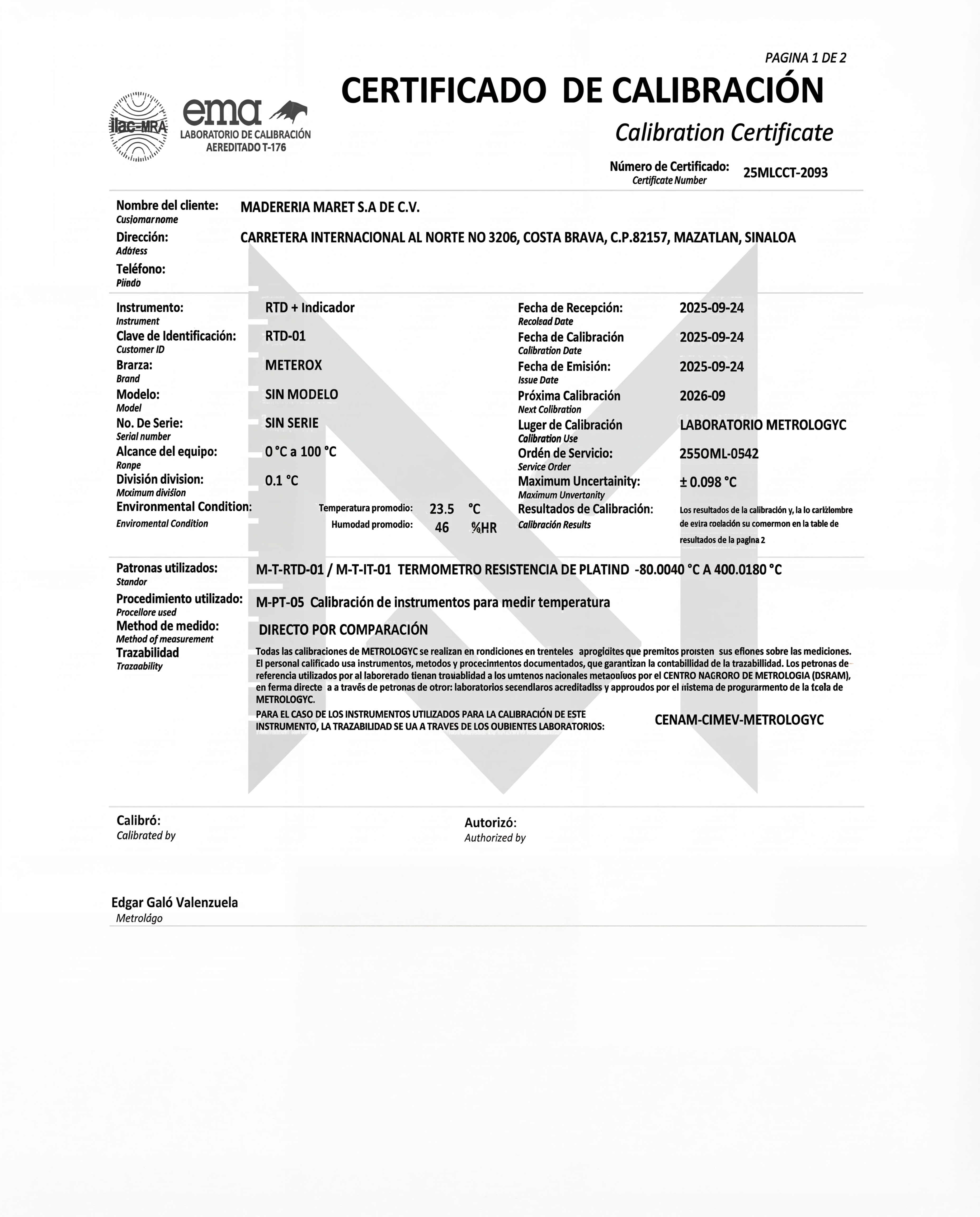 Certificado Calibración EMA
